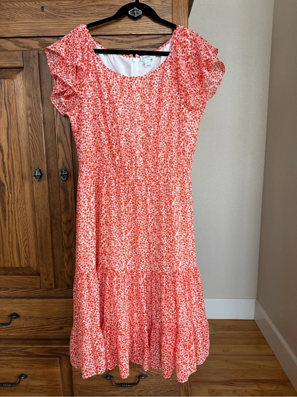 J. Crew Coral Floral Midi Dress with Ruffle Sleeves size 10